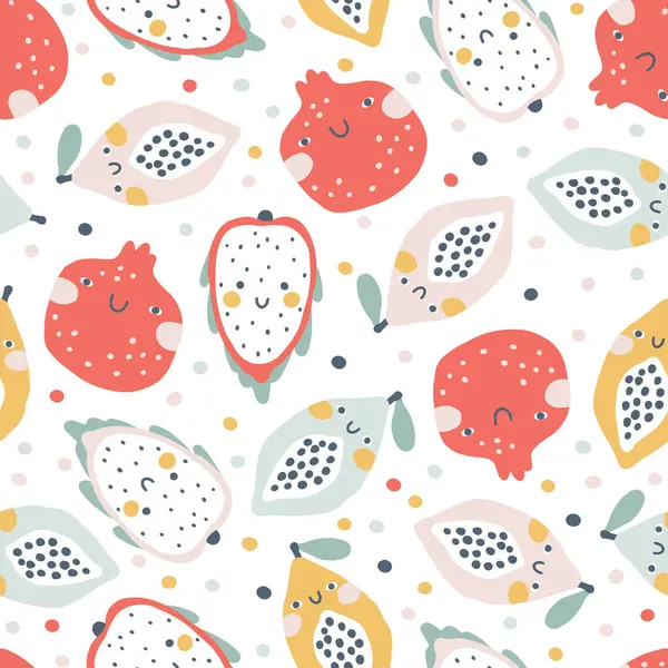 Nahtloses Tropenfruchtmuster Vector Cartoon Kindischen Hintergrund Mit Niedlichen Lächelnden Fruchtfiguren lizenzfreie Stockvektoren