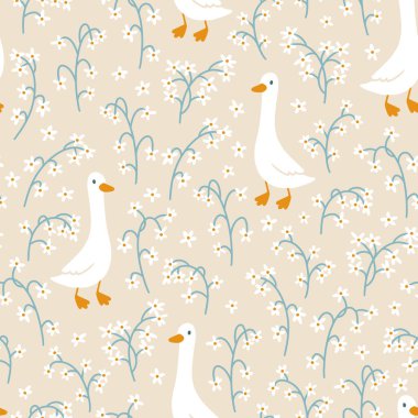 Kaz vektörü kusursuz desen. Çiçek açan çayır çiçekleri arasında elle çizilmiş sevimli çizgi film karakterleri. Sınırlı kaliteli palet bebek baskısı için mükemmeldir.