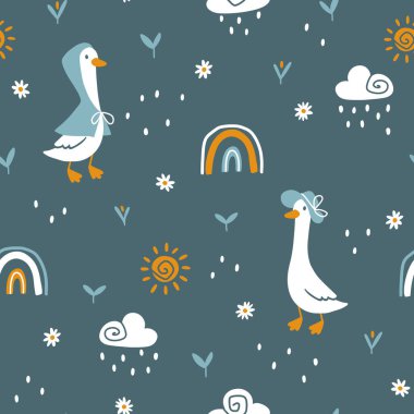 Kaz vektörü kusursuz desen. Yağmurda gökkuşağı ve güneşi olan komik elbiseli, el yapımı komik çizgi film karakterleri. Sınırlı kaliteli palet bebek baskısı için mükemmeldir.