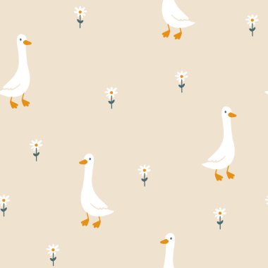 Kaz vektörü kusursuz desen. Çiçek açan çayır çiçekleri arasında elle çizilmiş sevimli çizgi film karakterleri. Sınırlı kaliteli palet bebek baskısı için mükemmeldir.