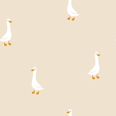 Kazlar kusursuz desenli. Basit el çizimi tarzında sevimli çizgi film karakterleri. Sınırlı bebek pastel paletinde bebek minimalistik klasik baskısı. Bej arkaplanda kaz vektörü