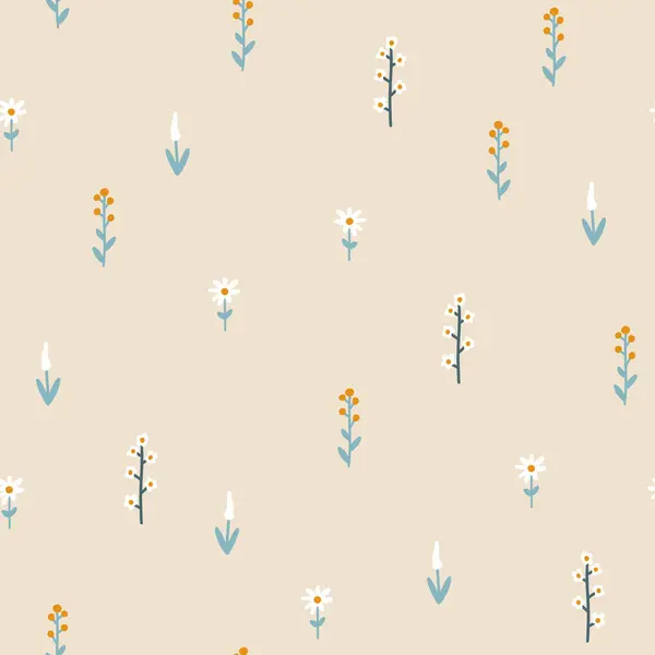 Minimalistisches Florales Nahtloses Muster Blumenwiese Frühlingsfeld Kamillenblüte Einfachen Skandinavischen Cartoon Stockillustration