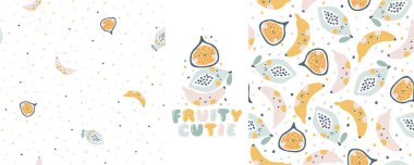 Parmak izi kompozisyonu ve çizgi roman harfleri olan tropikal meyve desenleri koleksiyonu. Basit el çizimi tarzında gülümseyen tatlı meyve karakterleri olan çocuksu bir vektör karikatürü