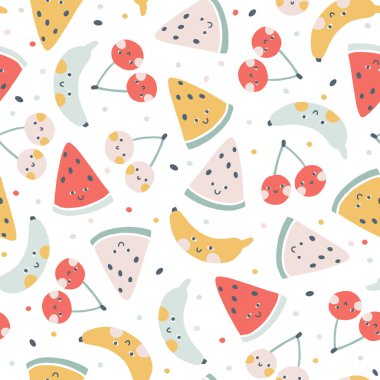 Tropikal meyvesiz desen. Basit bir el çizimi ile gülümseyen sevimli meyve karakterleri olan çocuksu bir vektör karikatürü. Puantiyeli beyaz arkaplan üzerindeki pastel renkler