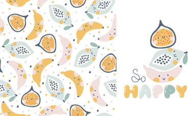 Parmak izi kompozisyonu ve karikatür harfleri olan tropikal meyve koleksiyonu. Basit el çizimi tarzında gülümseyen tatlı meyve karakterleri olan çocuksu bir vektör karikatürü