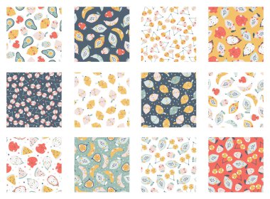 Kusursuz desenlerin tropik meyve koleksiyonu. Basit bir el çizimi ile gülümseyen sevimli meyve karakterleri olan çocuksu bir vektör karikatürü. Pastel renkler, puantiyeler, kalpler.