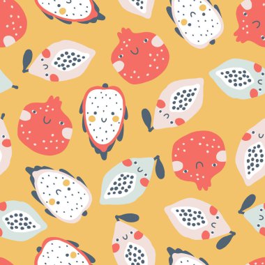 Tropikal meyvesiz desen. Basit bir el çizimi ile gülümseyen sevimli meyve karakterleri olan çocuksu bir vektör karikatürü. Pastel renkler kumaş, ambalaj, kıyafet yazdırmak için mükemmel