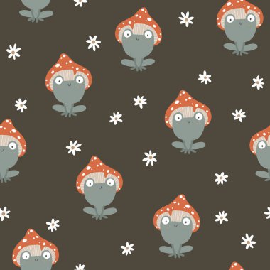 Kurbağalar kusursuz desen. Çiçek çelenkli mantar şapkalı şirin çizgi film karakterleri basit bir el çizimi tarzında. Sınırlı kaliteli palet bebek baskıları ve kumaşlar için idealdir.