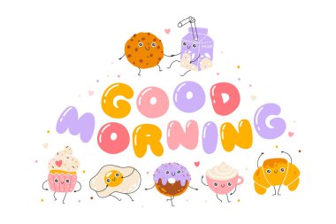 Kahvaltının tatlıları ve üzerinde harfler ve komik maskot sembolleri olan kahve seti. Kawaii çizgi filmi renkli palette karalama yaptı. Bebek tasarımı, baskılar, ambalaj, tekstil için ideal. Günaydın.