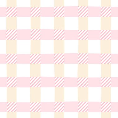 Gingham kusursuz vektör deseni. Paskalya tatili için masa örtüleri, peçeteler, kıyafetler, ambalajlar için tartan kontrolü. Pastel pembe ve bej renkte sevimli çocuksu bir arka plan.