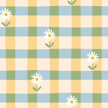 Gingham, papatya çiçekli kusursuz vektör deseni. Paskalya tatili için masa örtüleri, peçeteler, kıyafetler, ambalajlar için tartan kontrolü. Pastel bir palette sevimli, çocuksu bir arka plan.