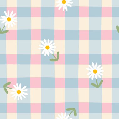 Gingham, papatya çiçekli kusursuz vektör deseni. Paskalya tatili için masa örtüleri, peçeteler, kıyafetler, ambalajlar için tartan kontrolü. Pastel bir palette sevimli, çocuksu bir arka plan.