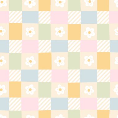 Gingham, papatya çiçekli kusursuz vektör deseni. Paskalya tatili için masa örtüleri, peçeteler, kıyafetler, ambalajlar için tartan kontrolü. Pastel bir palette sevimli, çocuksu bir arka plan.