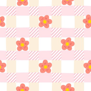 Gingham çayırlık çiçeklerle kusursuz vektör deseni. Paskalya tatili için masa örtüleri, peçeteler, kıyafetler, ambalajlar için tartan kontrolü. Pastel bir palette sevimli, çocuksu bir arka plan.