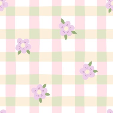 Gingham çayırlık çiçeklerle kusursuz vektör deseni. Paskalya tatili için masa örtüleri, peçeteler, kıyafetler, ambalajlar için tartan kontrolü. Pastel bir palette sevimli, çocuksu bir arka plan.