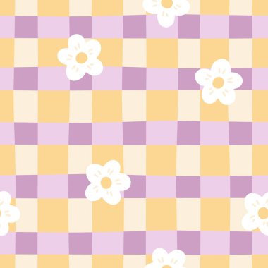 Gingham, papatya çiçekli kusursuz vektör deseni. Paskalya tatili için masa örtüleri, peçeteler, kıyafetler, ambalajlar için tartan kontrolü. Pastel bir palette sevimli, çocuksu bir arka plan.
