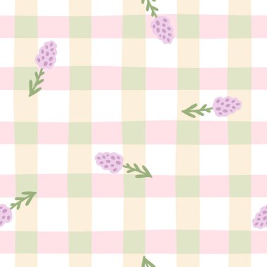 Çayırlık lavanta çiçekleriyle Gingham kusursuz vektör deseni. Paskalya tatili için masa örtüleri, peçeteler, kıyafetler, ambalajlar için tartan kontrolü. Pastel bir palette sevimli, çocuksu bir arka plan.