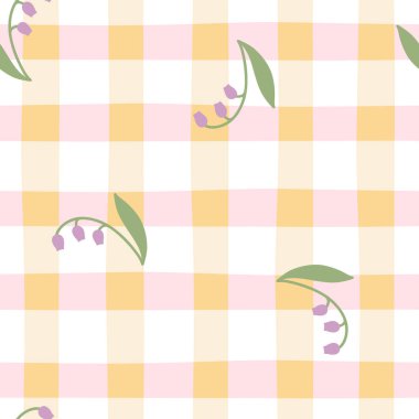 Gingham çayırlık çiçeklerle kusursuz vektör deseni. Paskalya tatili için masa örtüleri, peçeteler, kıyafetler, ambalajlar için tartan kontrolü. Pastel bir palette sevimli, çocuksu bir arka plan.