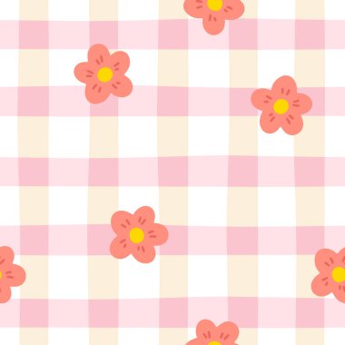 Gingham çayırlık çiçeklerle kusursuz vektör deseni. Paskalya tatili için masa örtüleri, peçeteler, kıyafetler, ambalajlar için tartan kontrolü. Pastel bir palette sevimli, çocuksu bir arka plan.