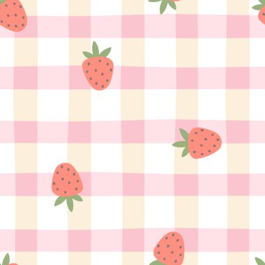 Kawaii çileğiyle Gingham kusursuz vektör deseni. Paskalya tatili için masa örtüleri, peçeteler, kıyafetler, ambalajlar için tartan kontrolü. Pastel bir palette sevimli, çocuksu bir arka plan.