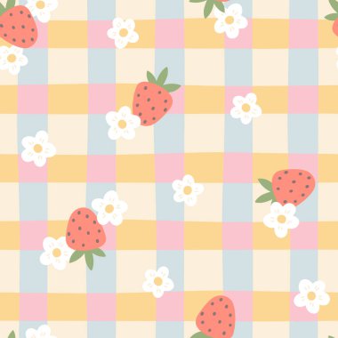 Çilekli ve çiçekli Gingham kawaii desenli. Masa örtüleri, peçeteler, giysiler, ambalajlar için tartan kontrolü. Pastel palette sevimli, çocuksu el çizimi çizgi film arkaplanı