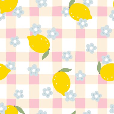 Limonlu ve çiçekli Gingham kawaii deseni. Masa örtüleri, peçeteler, giysiler, ambalajlar için tartan kontrolü. Pastel palette sevimli, çocuksu el çizimi çizgi film arkaplanı