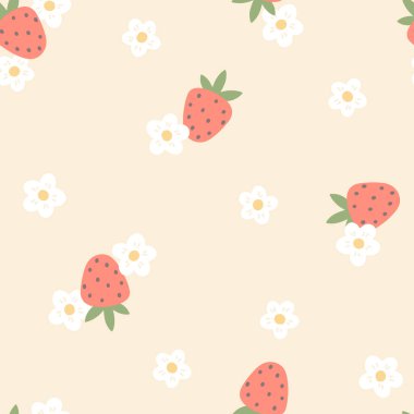 Çilek aromalı, dikişsiz vektör desenli ve çiçekli basit el çizimi çizgi film kawaii tarzı. Pastel palet, güzel bir bej, uniseks geçmişi var. Bebek tekstil ve giysileri basmak için ideal