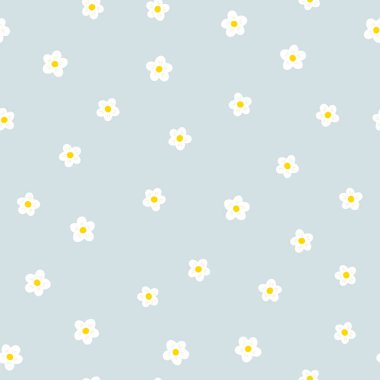 Papatya çiçekli, dikişsiz vektör deseni ve basit el çizimi çizgi film kawaii tarzı papatyalar. Pastel palet, şirin, yumuşak mavi arka plan. Bebek tekstil, giysi, ambalaj için ideal