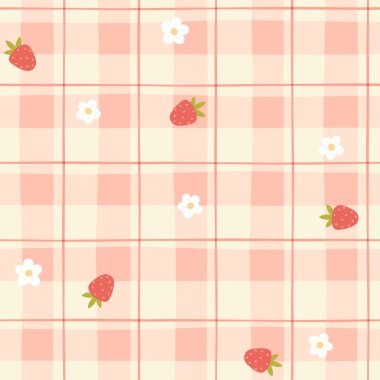 Kawaii çileğiyle Gingham kusursuz vektör deseni. Paskalya tatili için masa örtüleri, peçeteler, kıyafetler, ambalajlar için tartan kontrolü. Pastel bir palette sevimli, çocuksu bir arka plan.