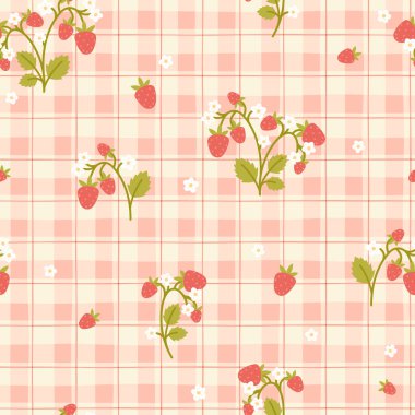 Kawaii çileğiyle Gingham kusursuz vektör deseni. Paskalya tatili için masa örtüleri, peçeteler, kıyafetler, ambalajlar için tartan kontrolü. Pastel bir palette sevimli, çocuksu bir arka plan.