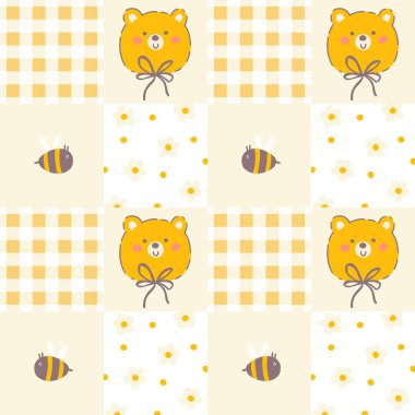 Kawaii ayısı ve papatya çiçekli arılarla Gingham kusursuz yama deseni. Masa örtüleri, peçeteler, giysiler, ambalajlar için tartan kontrolü. Tatlı çocuksu vektör arkaplanı, pastel palet