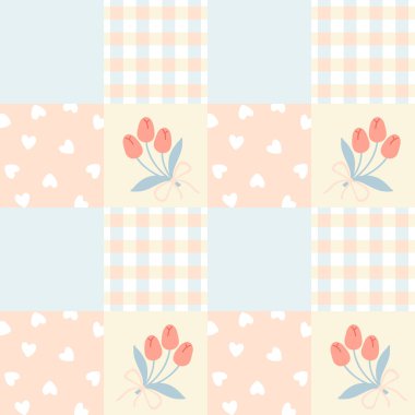 Kalpli ve laleli Gingham yamasız kawaii deseni. Paskalya tatili için masa örtüleri, peçeteler, kıyafetler, ambalajlar için tartan kontrolü. Tatlı çocuksu vektör arkaplanı, pastel palet