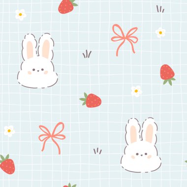 Kawaii tavşanı çilekli ve kurdele yay düğümlü kusursuz vektör deseni. Bebek kıyafetleri, tekstil ve duvar kağıtları için arka planda bulunan pastel bir palette el yapımı çocuksu çizimler.