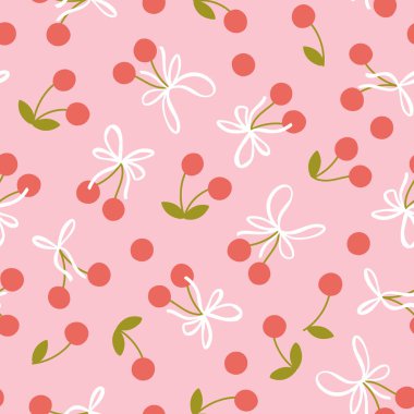 Beyaz kurdeleli kirazsız vektör deseni basit el çizimi çizgi film kawaii tarzında. Pastel palet, pembe arka plan. Bebek tekstil, giysi, ambalaj için ideal