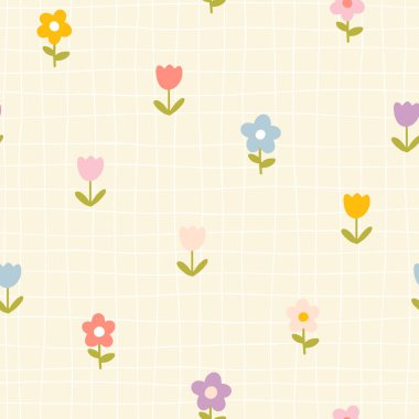 Çiçeksiz çayır çiçekleri basit bir el çizimi İskandinav tarzı karikatür paleti kafes arka planında. Çocuksu, basit, minimalist. Çocuk odası, tekstil, duvar kağıdı için ideal.