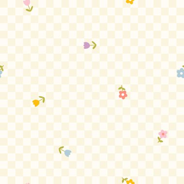 Basit İskandinav tarzı pastel paleti çizilmiş karikatürde, ekoseli arka planda çiçek desenli otlak çiçekleri. Çocuksu, basit, minimalist. Kreş ve kumaş için ideal.