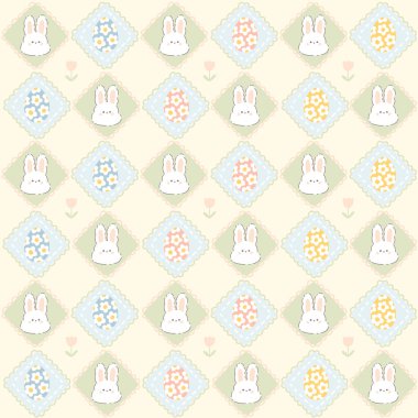 Kawaii Paskalya şablonu. Tavşan tavşanı ve eşkenar dörtlüde yumurtalar. Kalpli şirin yastıklar. Pastel yumuşak palette elle çizilmiş karikatür çizimi. Paket ve tekstil yazdırmak için