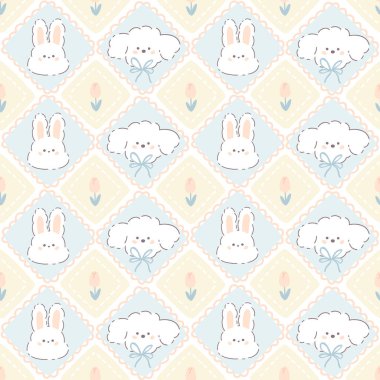 Tavşan ve kaniş yavrusu eşkenar dörtgen yastıklı Kawaii desenli. Pastel yumuşak palette el çizimi çizgi film karakterleri, lale çiçekleri. Matbaa, bebek kıyafetleri, tekstil için.