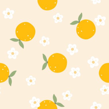 Portakalsız turuncu vektör desenli narenciye ve çiçekli basit el çizimi çizgi film kawaii tarzı. Pastel palet, güzel bir uniseks geçmişi var. Bebek tekstil, giysi, ambalaj baskısı için