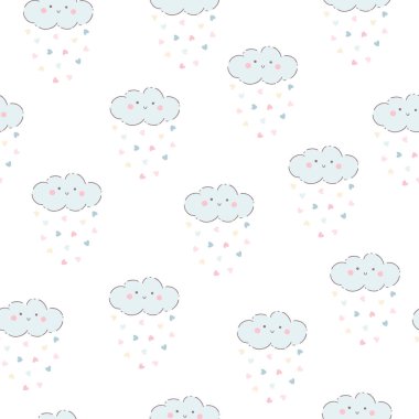 Gülen yağmurlu bulutların konfeti kalpleriyle hoş, kusursuz vektör deseni. Bebek partisi çocuk odası arka planında elle çizilmiş resimli pastel palette