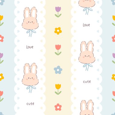 Sevimli dikey sınır vektörü kusursuz desen, kawaii tavşanı ve çiçekler. Bebek baskıları, giysiler, tekstil ve duvar kağıtları için pastel palette basit bir çizgi film stili çizilmiş hayvan karakteri.