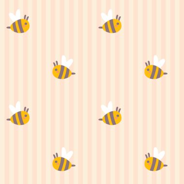 Dikey çizgili arka planda mükemmel bir arı deseni var. Çizgi filmlerdeki gibi güzel bir el çizimi. Tekstil baskısı, bebek kıyafetleri, duvar kağıdı, ambalaj, defter, yapıştırma kitabı için ideal