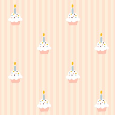 Dikey çizgili arka planda mükemmel bir doğum günü pastası örneği. Çizgi filmlerdeki gibi güzel bir el çizimi. Tekstil baskısı, bebek kıyafetleri, duvar kağıdı, ambalaj, ovalama için ideal.
