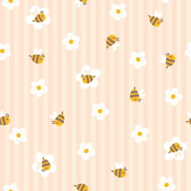 Papatya çiçekli, dikey çizgili arka planda dikişsiz desenli kolej arısı. Çizgi filmlerdeki gibi güzel bir el çizimi. İdeal tekstil baskısı, bebek kıyafetleri, duvar kağıdı, ambalaj, ovalama