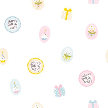 Hediyelik kutusu, buketi ve keki olan şirin, kusursuz bir vektör deseni. Çocuksu, çizgi film karakteri, klasik çizimler. Ambalaj kağıdı ve tatil dekorasyonu için ideal