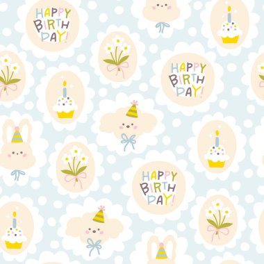 Preppy doğum günü köpeği ve hediye kutusu, buket ve kekli şirin vektör desenli tavşan. Çocuksu, çizgi film karakteri, klasik çizimler. Ambalaj kağıdı, tatil süslemesi için