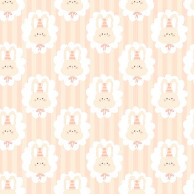 Dikey çizgili arka planda, pürüzsüz bir desenin parçası olarak koni kapaklı tavşan. Çizgi filmlerdeki sevimli el çizimi klasik illüstrasyon. Bebek kıyafetleri, ambalaj, ovalama için.