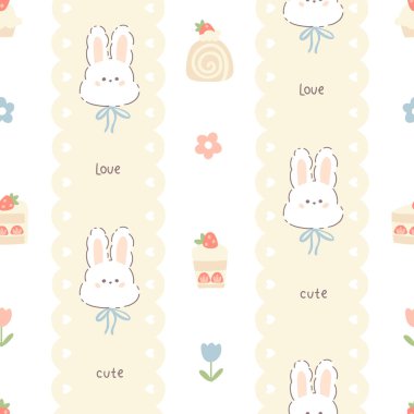 Çömez tavşan tavşanı ve çilekli, dantelli, dikişsiz tatlılar. Çizgi filmlerdeki sevimli el çizimi klasik illüstrasyon. Tekstil baskısı, bebek kıyafetleri, duvar kâğıdı, ovalama.