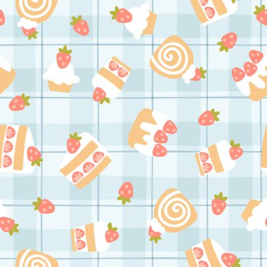Tatlı çilek tatlısı Gingham arka planında kusursuz desen oluşturuyor. Çizgi filmlerdeki sevimli el çizimi klasik illüstrasyon. Bebek kıyafetleri, duvar kağıdı, ambalaj, ovalama.