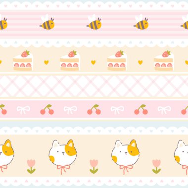 Tatlı kedi ve çilekli, dantelli, dikişsiz tatlılar. Çizgi filmlerdeki sevimli el çizimi klasik illüstrasyon. Tekstil baskısı, bebek kıyafetleri, ambalaj, ovalama